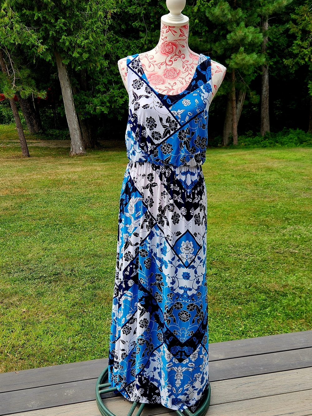 INC International Concepts Blue & White Patchwork Floral Maxi Dress